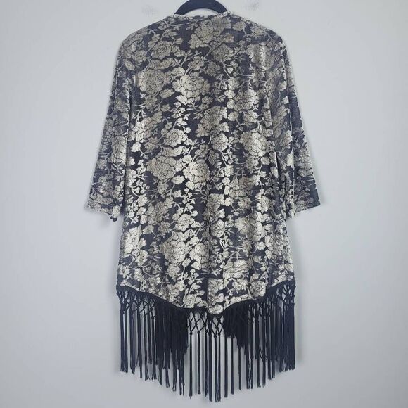 Fever Womens Floral Velvet Burnout Fringe Cardigan Black Large Whimsigoth Witchy - Picture 2 of 7